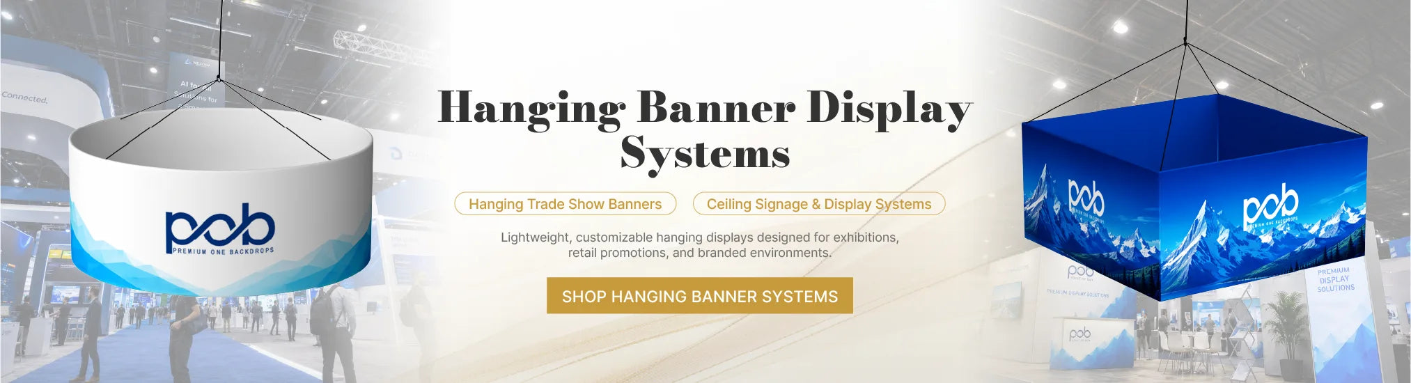 Hanging banner displays for overhead trade show branding and large venue visibility