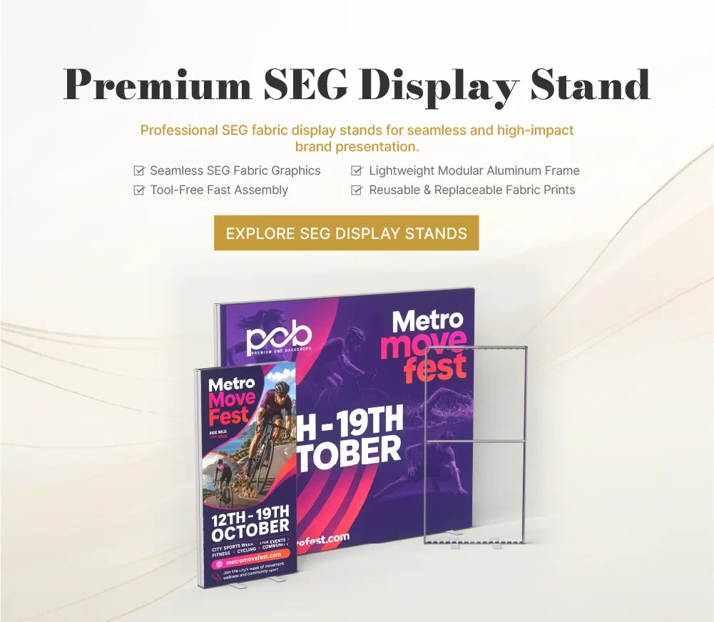 Premium SEG display stands with custom fabric graphics for trade shows, retail displays and branded event spaces