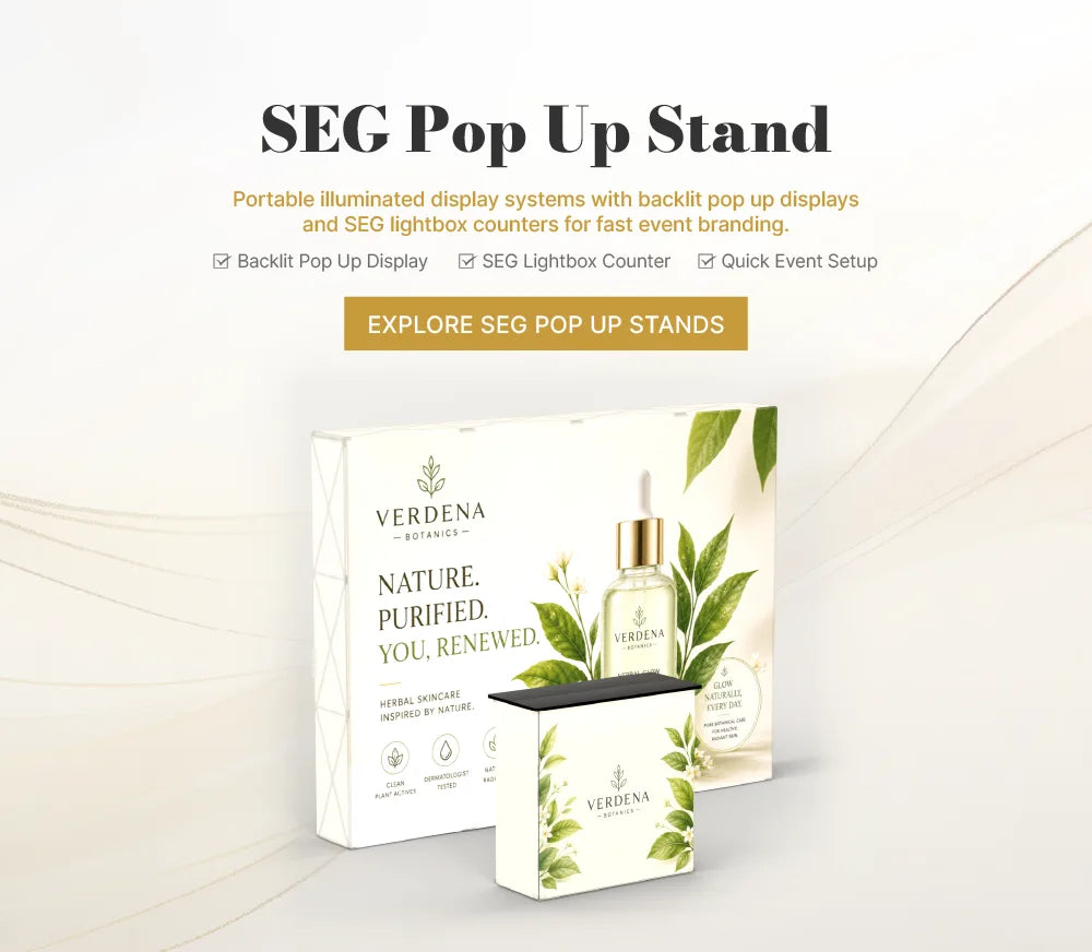 Portable SEG pop up display stands with custom fabric graphics for quick trade show and event setup