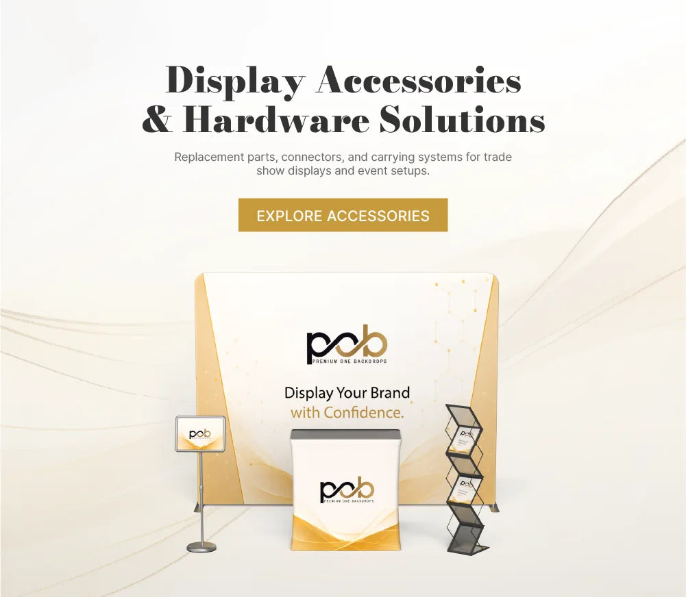 Trade show display accessories for booth setup, replacement parts and display support