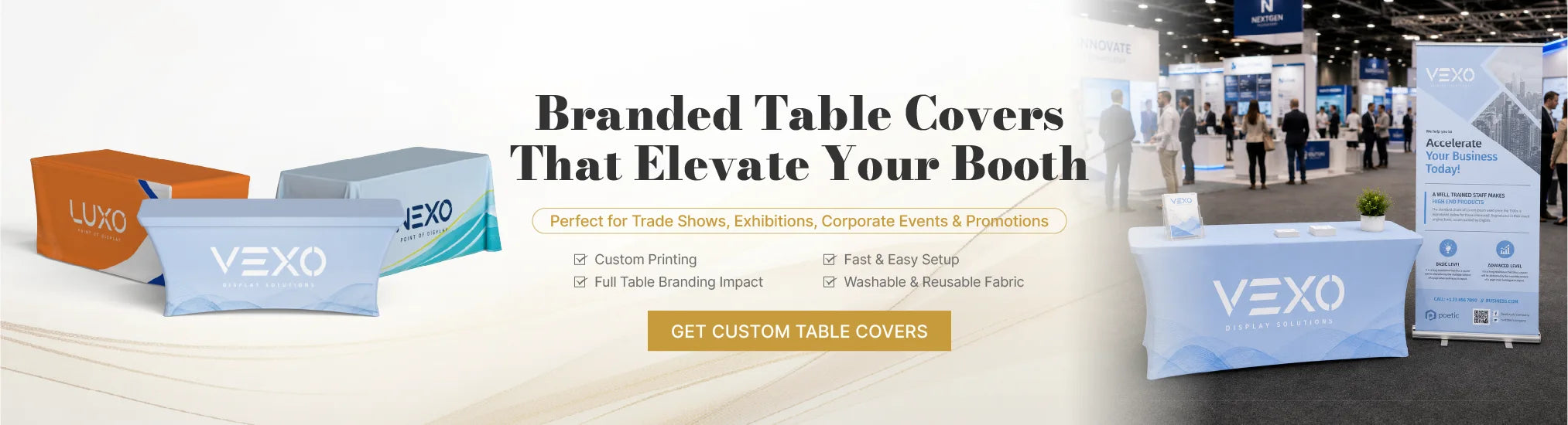 Custom table covers for trade shows, registration tables, product displays and branded event setups