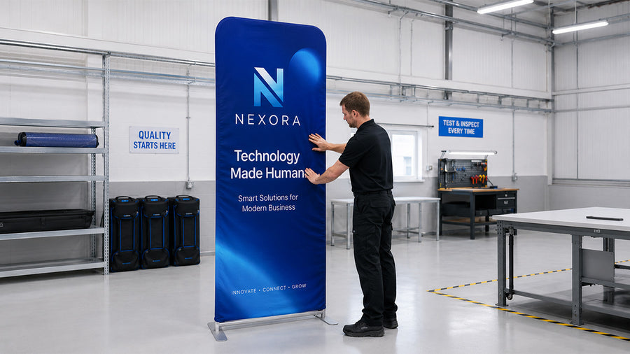 Banner stand hardware being tested before packing