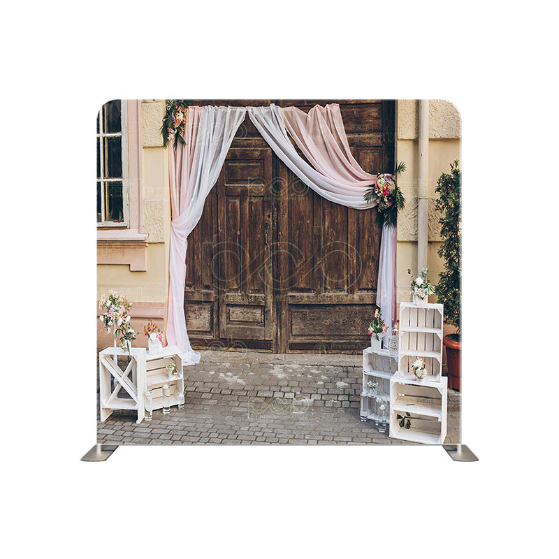 premium one pillow cover backdrops-wooden door with drapes